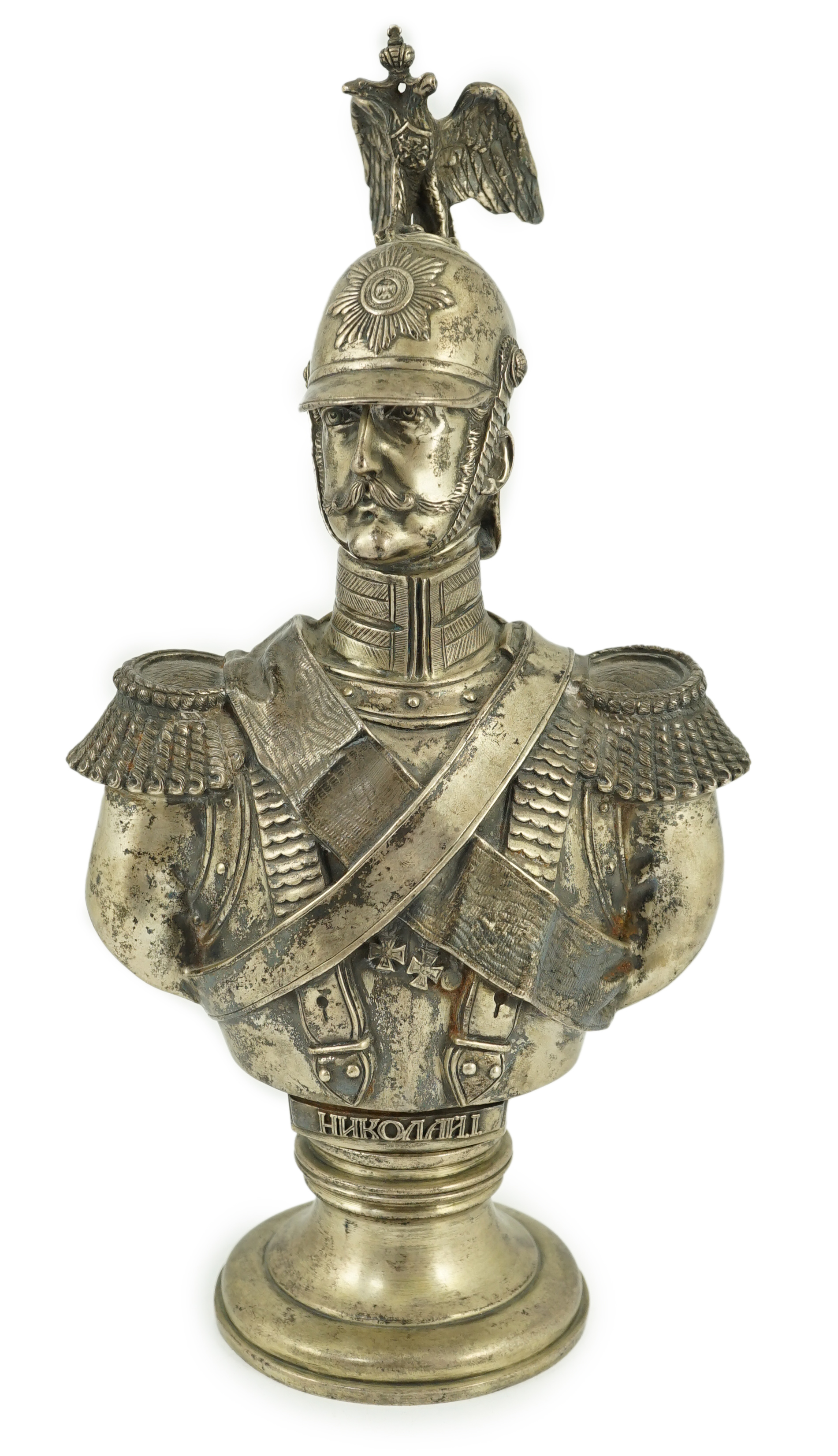 After Theodore Dietrich. A late 19th century Russian 84 zolotnik silver bust of Nicholas I, in the uniform of a Chevalier Garde, assay master Alessandro Timofeyevich Shevyakov, master Ivan Morozov, St. Petersburg, 1896